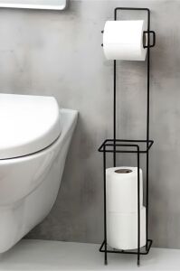 Siyah Ferforje Ayaklı Wc Kağıtlığı Yedek Rulo Hazneli Metalden üretim Seyyar Tuvalet Kağıt Standı