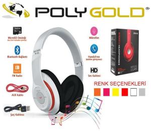 PG-6980 Polygold Bluetooth-AUX Mikrofonlu Kulaklık MicroSD Kart Destekli MP Player Renkli Kulak Üstü