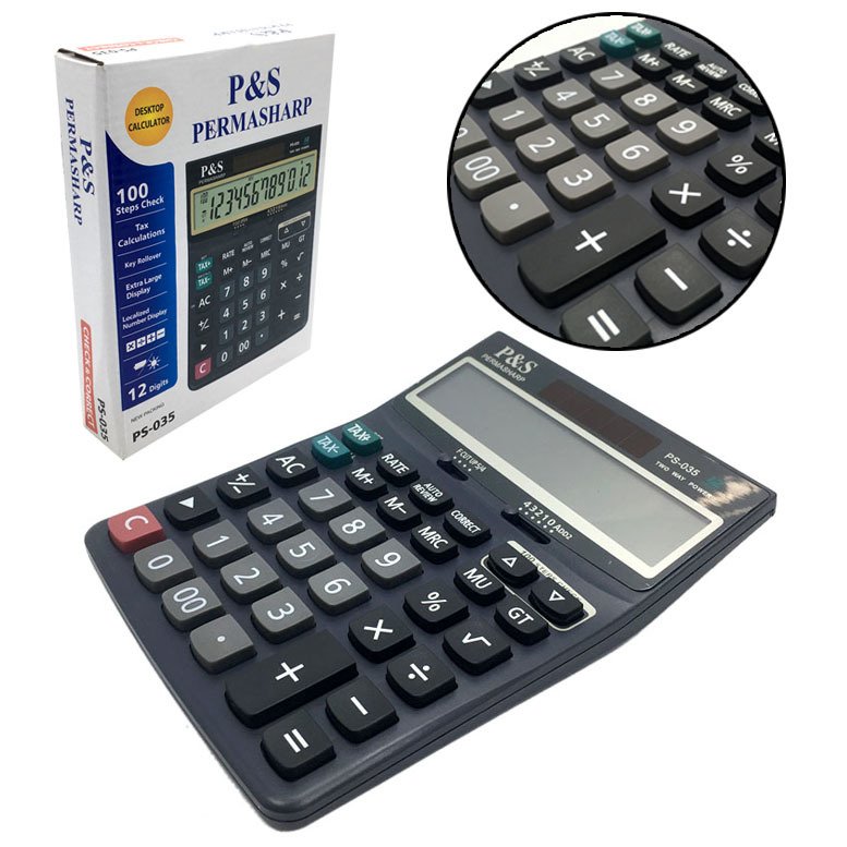 Güneş Enerjili+Pilli Büyük Boy 12 Haneli Hafızalı Hesap Makinesi Permasharp PS-035