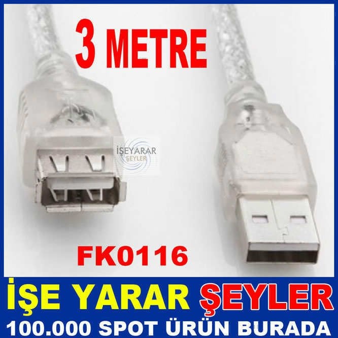 USB UZATMA KABLOSU ERKEK - DİŞİ SOKETLER 3 METRE
