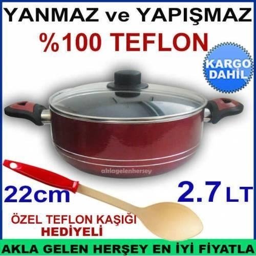 TEFLON KAŞIĞI HEDİYELİ 22cm CAMKAPAKLI YANMAZ YAPIŞMAZ TEFLON TE
