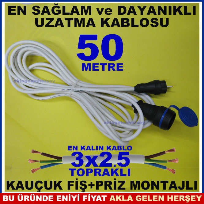 KAUÇUK FİŞ-PRİZ 3x2.5 SAĞLAM UZATMA KABLOSU 50mt