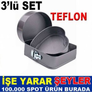 3lü Set Kelepçeli Teflon Kek Kalıbı Md-68 Yuvarlak,Kare,Kalp Model Eniyi Kalite Teflon Kek Kalıpları