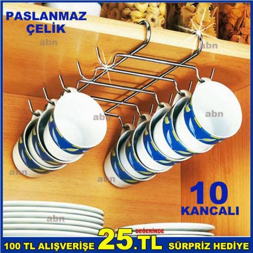 Dolap içi 10 Kancalı Fincan Askılığı Paslanmaz Çelik Kupa Askısı Yer Kaplamaz Askılama Sistemi