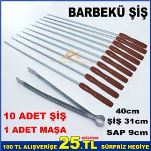40cm Mangal,Barbekü Şişi 10 Adet Şiş 1 Adet Maşa'dan Oluşan Barbekü Şiş Takımı