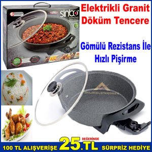 Sinbo SP5210G Elektrikli Granit Döküm Tencere Ayarlanabilir Termostatlı Yapışmaz Yüzey Pizza Tavası