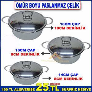 ÖMÜR BOYU GARANTİLİ ÇELİK TENCERE SETİ 3lü ÇELİK GÜVEÇ TENCERELER -2