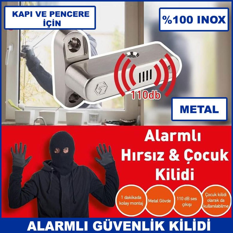 Kapı ve Pencere İçin Alarmlı Metal Çocuk ve Güvenlik Kilidi İnox 110 db ses  1. Kalite Çelik Gövde