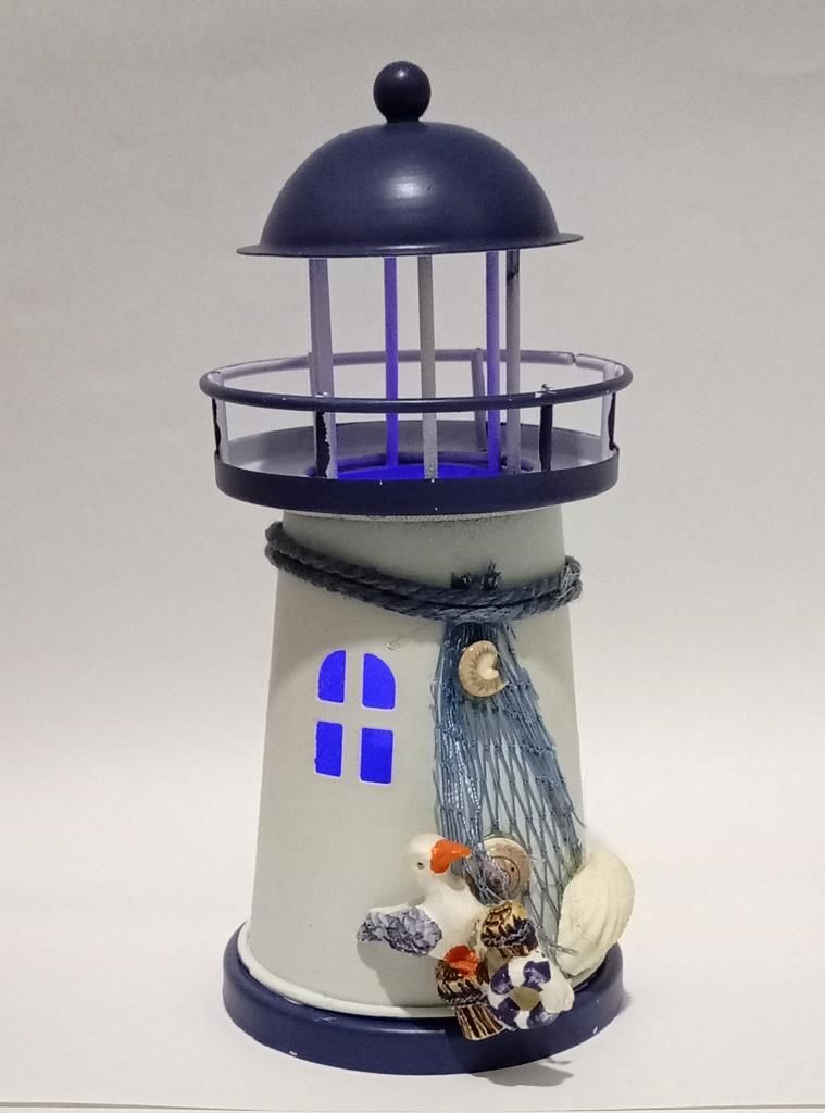 Mavi-Kırmızı Işıklı Satılık Deniz Feneri 2 Renk Led Aydınlatmalı Vintage Metal Biblo Ağ Martı Midye