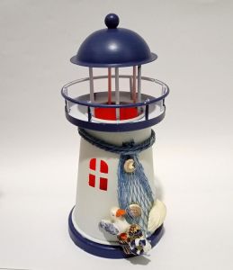 Mavi-Kırmızı Işıklı Satılık Deniz Feneri 2 Renk Led Aydınlatmalı Vintage Metal Biblo Ağ Martı Midye