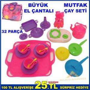 32 Parça 3 Yaş Üstü Sağlam Plastik Dekoratif Büyük El Çantalı Mutfak Gereçleri Ve Çay Takımı