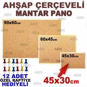 İdeal Boy Mantar Pano 12ad Özel Raptiye Hediye 45x30cm Duvara Monte Ahşap Çerçeveli Mantar Panoo
