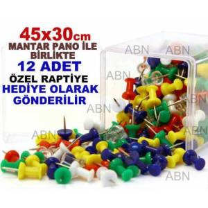 İdeal Boy Mantar Pano 12ad Özel Raptiye Hediye 45x30cm Duvara Monte Ahşap Çerçeveli Mantar Panoo
