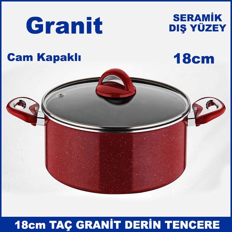 Seramik Dış Yüzey 18cm Cam Kapaklı Taç Granit Derin Tencere - Sağlıklı Tencere