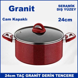 Seramik Dış Yüzey 24cm Cam Kapaklı Taç Granit Derin Tencere - Sağlıklı Tencere