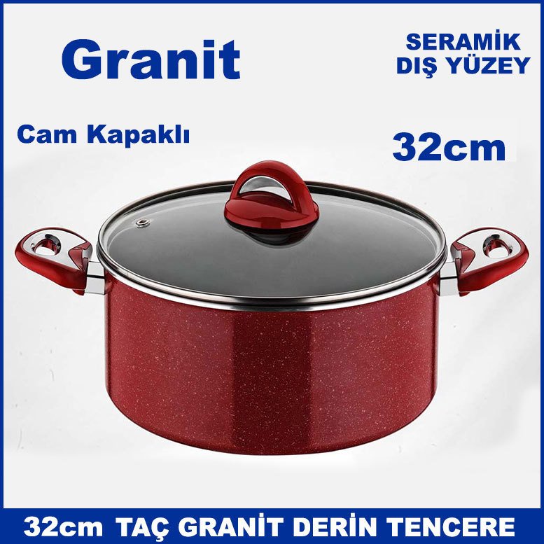 Seramik Dış Yüzey 32cm Cam Kapaklı Taç Granit Derin Tencere - Sağlıklı Tencere