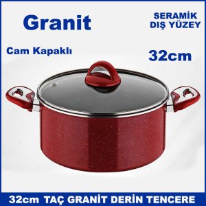 Seramik Dış Yüzey 32cm Cam Kapaklı Taç Granit Derin Tencere - Sağlıklı Tencere