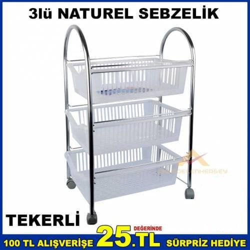3 Katlı Naturel Model Tekerli Pratik Sebzelik
