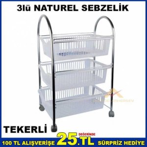 3 Katlı Naturel Model Tekerli Pratik Sebzelik