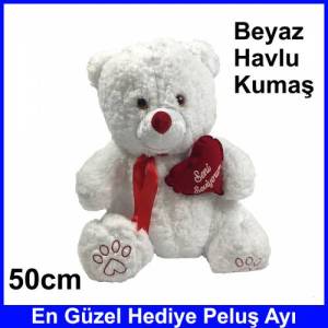 Kalp Tutan Sevimli Beyaz Peluş Ayı - Sevgiliye Hediyelik 50cm