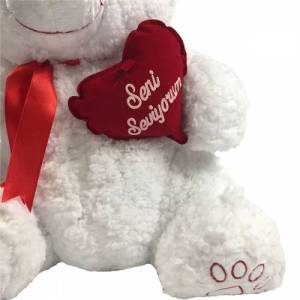 Kalp Tutan Sevimli Beyaz Peluş Ayı - Sevgiliye Hediyelik 50cm
