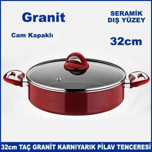 Taç Granit Kırmızı Tencere 32cm Derin Tencere Cam Kapaklı Taç Seramik Dış Yüzeyli Sağlıklı Tencere