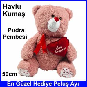 Kalp Tutan Sevimli Pudra Peluş Ayı - Sevgiliye Hediyelik 50cm