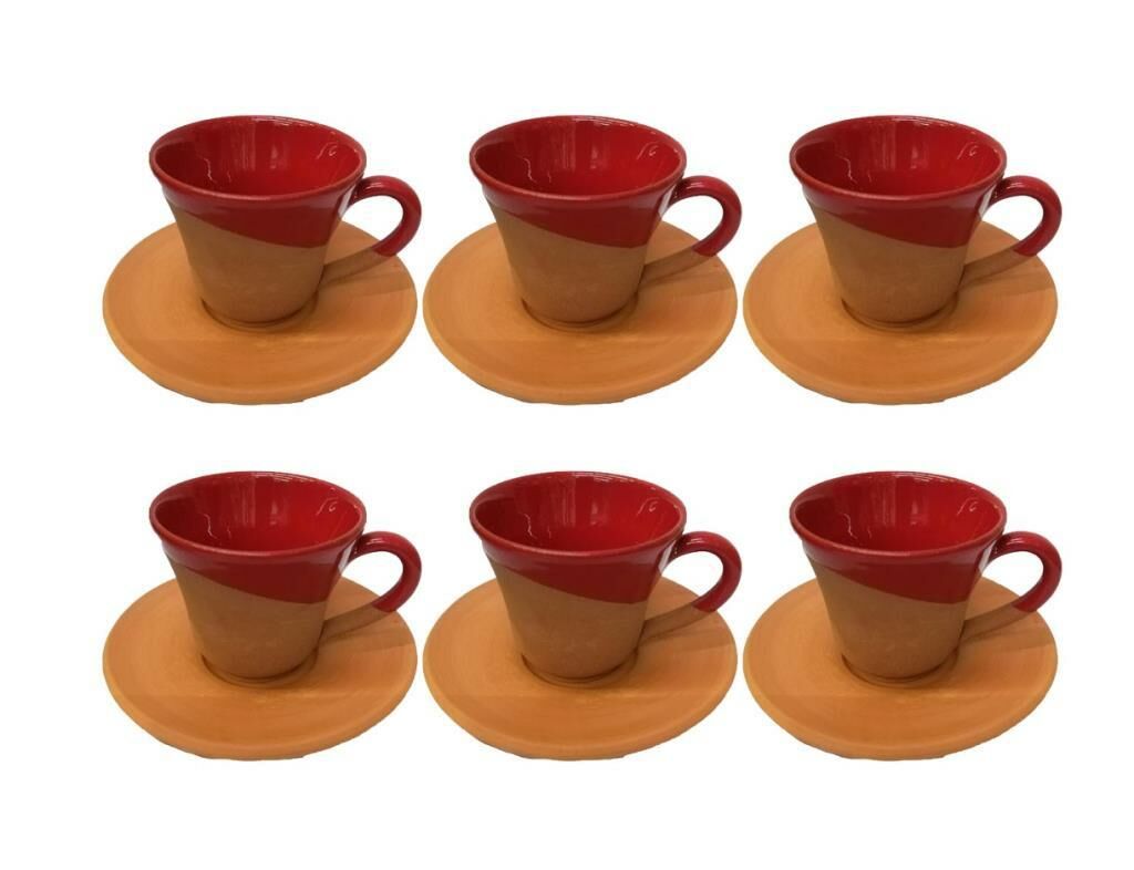 Natural Toprak Organik  Türk Kahve Fincan Seti  Desensiz tabak Tabak 6  cm Kırmızı 6 lı