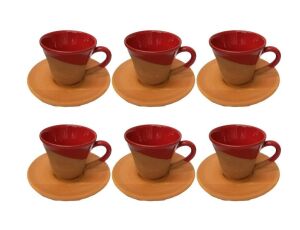 Natural Toprak Organik  Türk Kahve Fincan Seti  Desensiz tabak Tabak 6  cm Kırmızı 6 lı