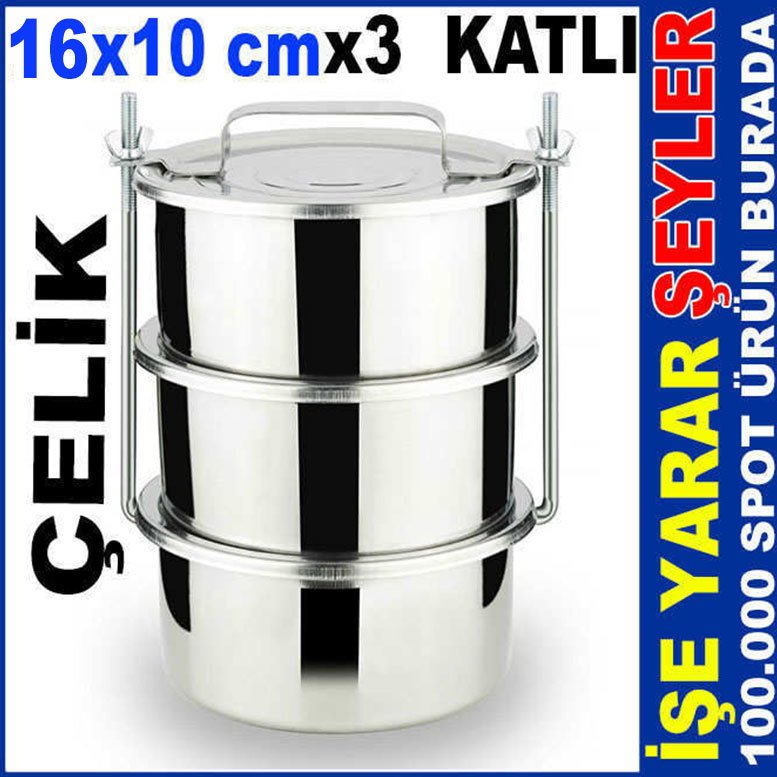16x10cm Büyük Boy Çelik Sefer Tası 3'lü Karavana Paslanmaz Çelik Sanayi Tipi Yemek Taşıma Kabı