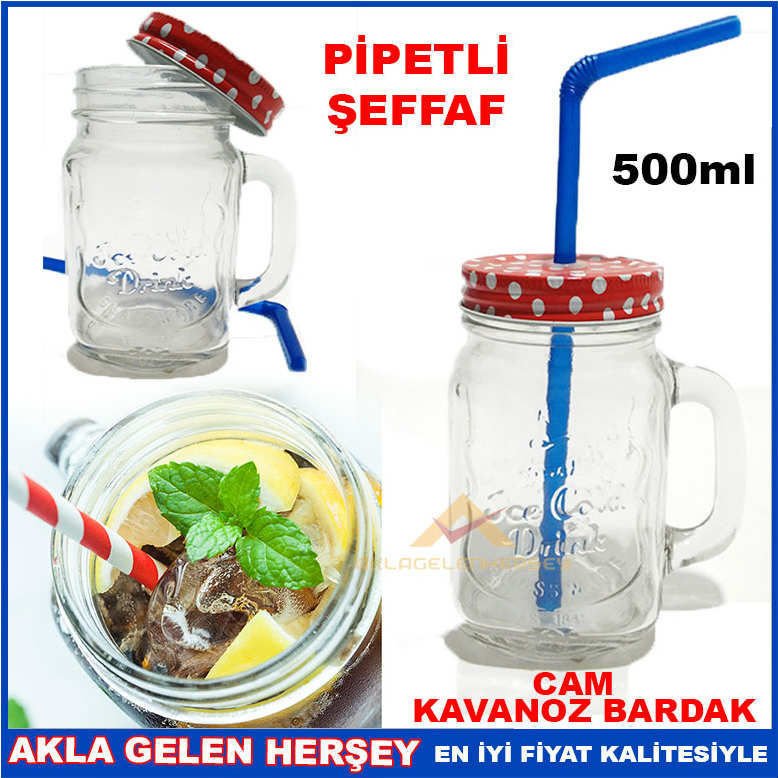 METAL KAPAK PİPETLİ CAM KAVANOZ İÇECEK KUPASI ŞF