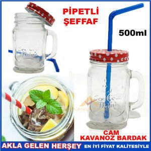 METAL KAPAK PİPETLİ CAM KAVANOZ İÇECEK KUPASI ŞF