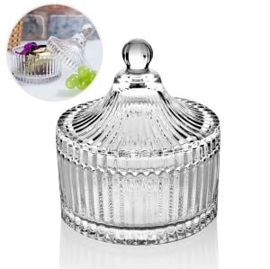 Dekoratif Şık Çizgili Kapaklı Kristal Kesme Cam Şekerlik 13.5x10 cm