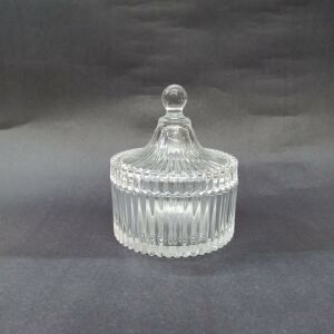 Dekoratif Şık Çizgili Kapaklı Kristal Kesme Cam Şekerlik 13.5x10 cm