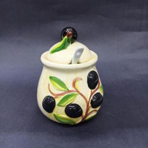 Dekoratif Şık Desenli Kapaklı Kaşıklı Porselen Toz Şekerlik 13.5x10 cm