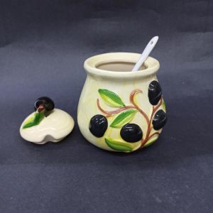 Dekoratif Şık Desenli Kapaklı Kaşıklı Porselen Toz Şekerlik 13.5x10 cm