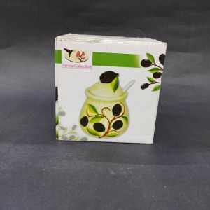 Dekoratif Şık Desenli Kapaklı Kaşıklı Porselen Toz Şekerlik 13.5x10 cm