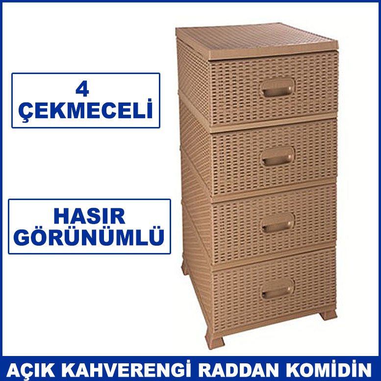 1.kalite plastik 4 çekmeceli açık kahverengi raddan lüks hasır komidin yanları kapalı büyük komidin