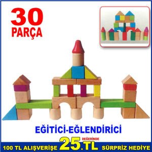 30 PARÇA RENK DOLU AHŞAP BLOKLAR BULTAKLI ÖZEL KUTUSUNDA EĞLENCELİ AHŞAP BLOK PUZZLE