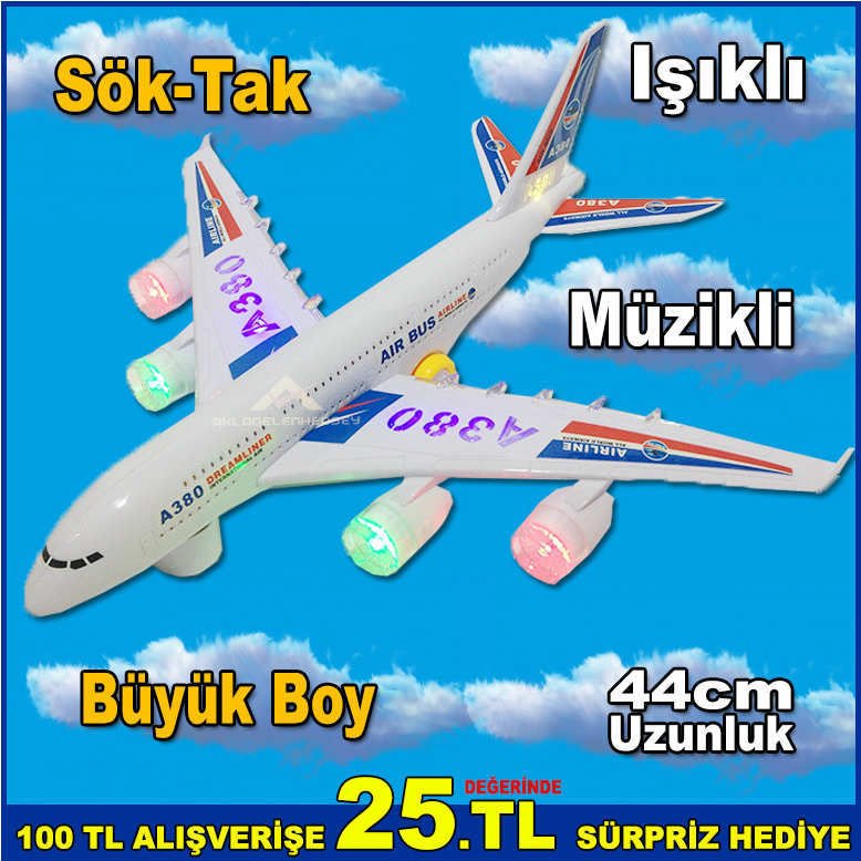 AIRBUS A380 Işıklı ve Müzikli Büyük Boy 6 Parçaya Ayrılabilen Uçak 360º Derece Döner Tekerlekli-1