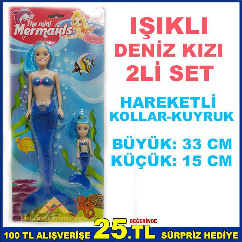 Orjinal Saçlı Deniz Kızları,Yüzleri Et Bebek Dokulu Işıklı 2li Set Büyük Küçük Deniz Kızı Bebek Seti