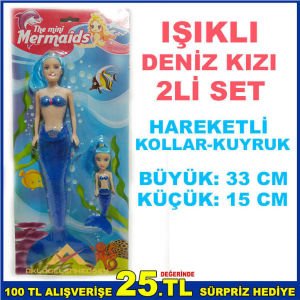 Orjinal Saçlı Deniz Kızları,Yüzleri Et Bebek Dokulu Işıklı 2li Set Büyük Küçük Deniz Kızı Bebek Seti