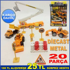 DİECAST METAL İNŞAAT ORTAMI SAĞLAYAN 20 PARÇADAN OLUŞAN ÇALIŞMA MAKİNELERİ VE UYARI LEVHALARI