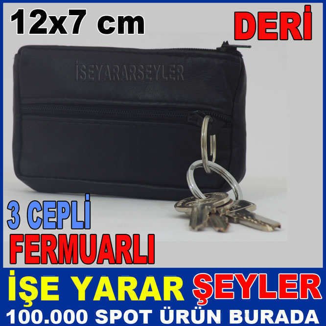 Gerçek Deri Bay-Bayan Para Cüzdanı Anahtarlık, Fermuarlı Hakiki Deri 3 Cepli Bozuk Para El Cüzdanı
