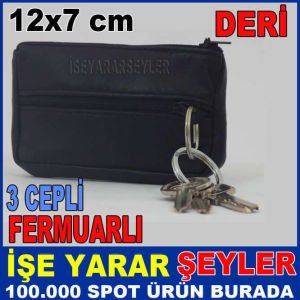 Gerçek Deri Bay-Bayan Para Cüzdanı Anahtarlık, Fermuarlı Hakiki Deri 3 Cepli Bozuk Para El Cüzdanı