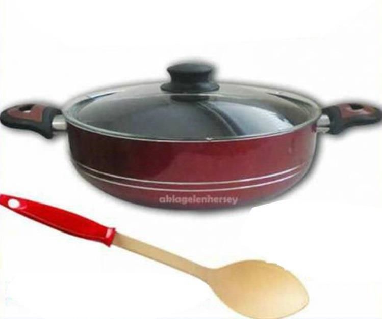 Büyük Boy Basık Teflon Karnıyarık Tenceresi Teflon Kaşığı Hediyeli 28 cm Cam Kapaklı 2 Kulplu Tencere Alüminyum üzeri 2 Kat Çizilmez Teflon Kaplı