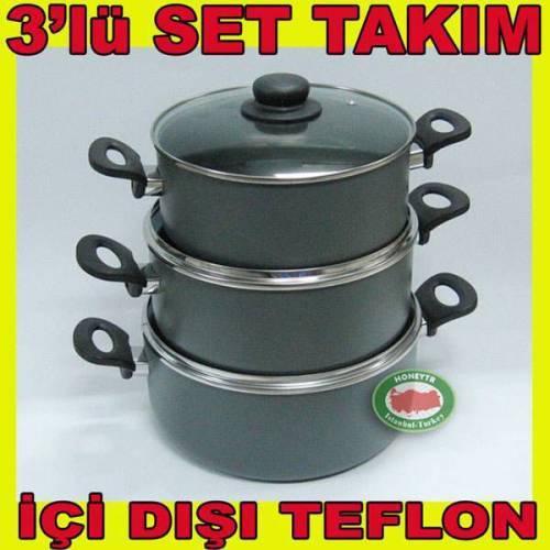 3 Set Cam Kapaklı Teflon Tencere Takımı 22-24-26