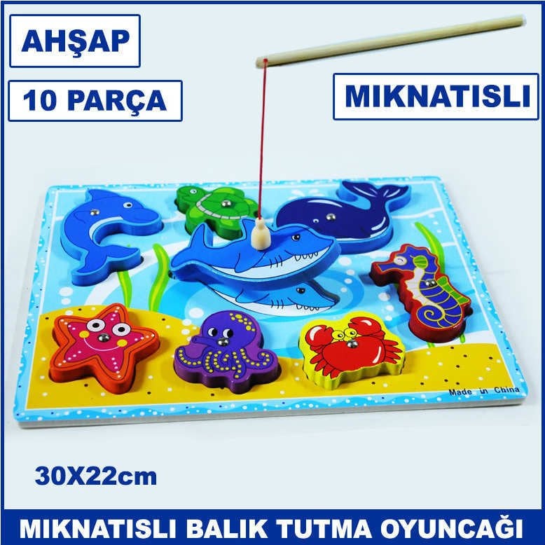 10 Parça Denizaltı Dünyası Mıknatıslı Ahşap Balık Tutma Yarışması 8 Balıklı Oyuncak