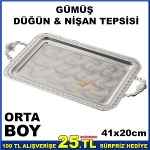 41x21cm ORTA BOY KARE MODEL GÜMÜŞ NİŞAN TEPSİSİ