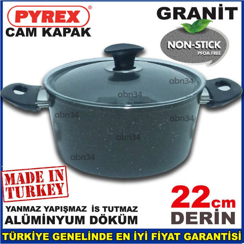 22cm Döküm Alüminyum Granit Tencere Full Granit Kaplama Cam Kapakli Ezme Alüminyum Derin Tencere abn